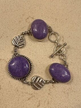 Charorite and 925 Sterling Silver Leaf Link Bracelet, adjustable toggle clasp